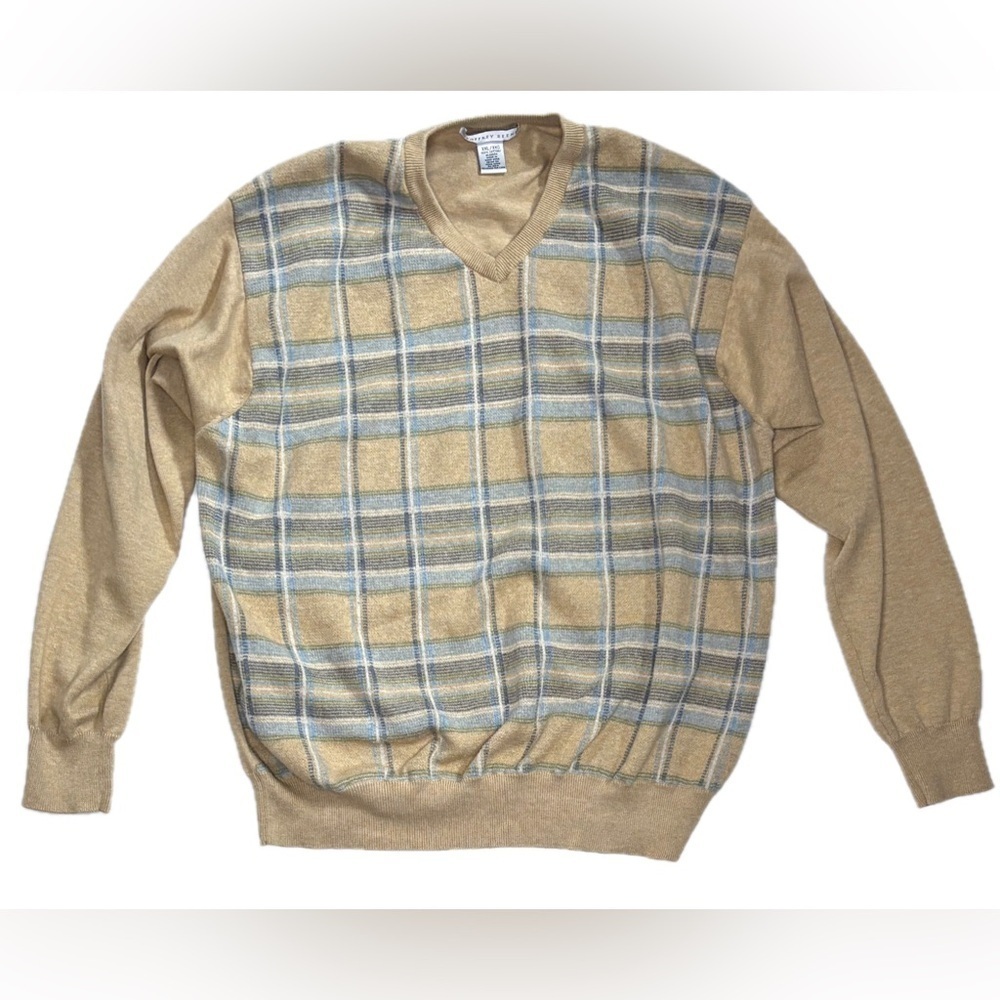 Vintage Mens Beige Plaid V Neck Sweater XXL Eclectic Grandpa Cottage Goblin Core